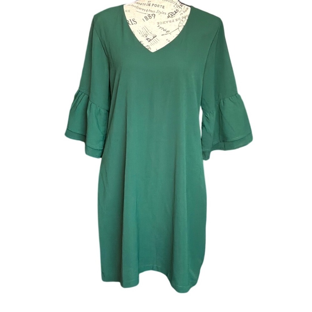 Belongsci Emerald Green V-Neck Tiered Bell Sleeve Shift Dress Womens Medium